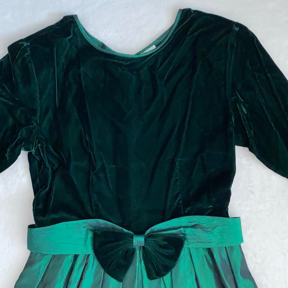 {VTG} Lanz Originals | Velvet Satin Bow Belt Long Sleeve Midi Dress Emerald (8) - Picture 2 of 16